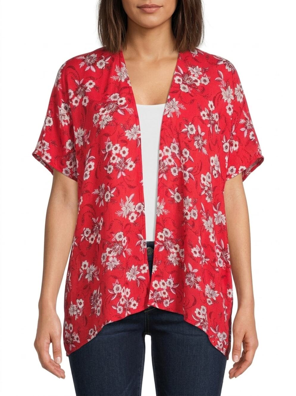 Loft Red Floral Kimono Cardigan Wrap Women Short Sleeve Size XS/S